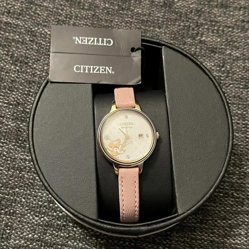 Citizen Disney Watch Womens 32mm Minnie White Dial Pink Leather Eco-Drive New - Picture 1 of 8